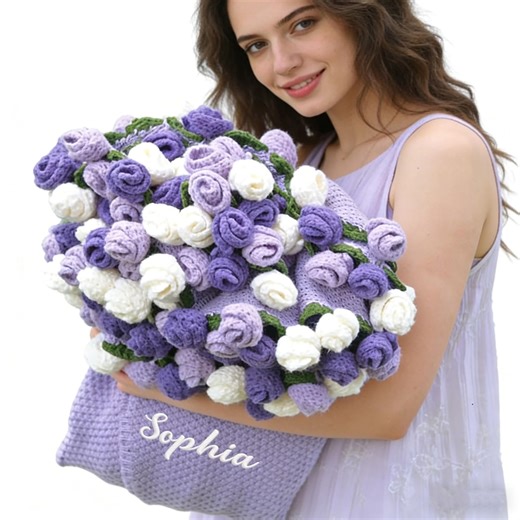 Custom Crochet Purple Rose Bouquet Blanket, Embroidered Name, Valentines Gift, Mother’s Day Gift, - Etsy