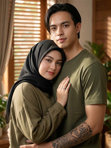 Prompt Ai pasangan Muslim yang berdiri berdekatan di dalam ruangan, dengan pose mesra alami. Buatkan gambar hyper-realistic, wajahnya sama persis dengan foto referensi (100% tanpa perubahan pada wajah, mata, struktur wajah, alis, hidung, bibir dan juga jangan merubah bentuk badan) Foto potret ultra-realistis pasangan Muslim yang berdiri berdekatan di dalam ruangan, dengan pose mesra alami. Sang pria dengan lembut memeluk wanita itu dari samping sementara wanita itu menyandarkan kepalanya di dada