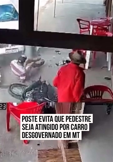 🚨 ESCAPOU POR POUCO Um poste evitou que um pedestre fosse atingido diretamente por um carro que perdeu o controle na Avenida Universitária, em #BarradoGarças (#MT), na terça-feira (28/7). O acidente foi registrado por uma câmera de segurança. As imagens mostram o momento em que o veículo sai da pista e avança em direção à calçada. Antes de atingir o poste, o carro bate em uma motocicleta estacionada, que é arremessada contra o pedestre e o derruba. Em seguida, o automóvel para após colidir com