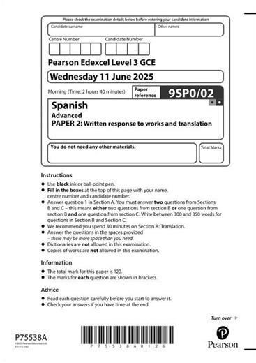 Pearson Edexcel A Level Spanish Paper 2 2025 Question Paper