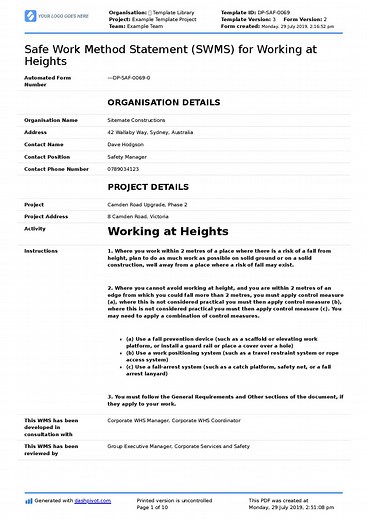 Working at Heights Safe Work Method Statement Template