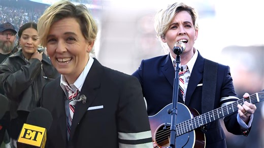 Brandi Carlile reacts to her performance of 'America the Beautiful' at Super Bowl LX. | Entertainment Tonight