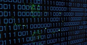 Animation of binary coding over server room. global business, cloud computing and digital interface concept digitally generated video.