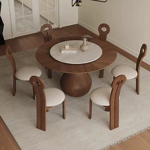[Hot Item] French Retro Style Solid Wood Round Table Home Small Apartment Rock Plate Round Dining Table Black Walnut Round Dining Table and Chair Combination