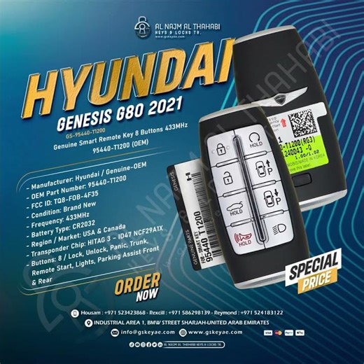 2021 Hyundai Genesis G80 Smart Remote Key 8 Button 433MHz 95440-T1200 (OEM). #gskey #uae #key #sale