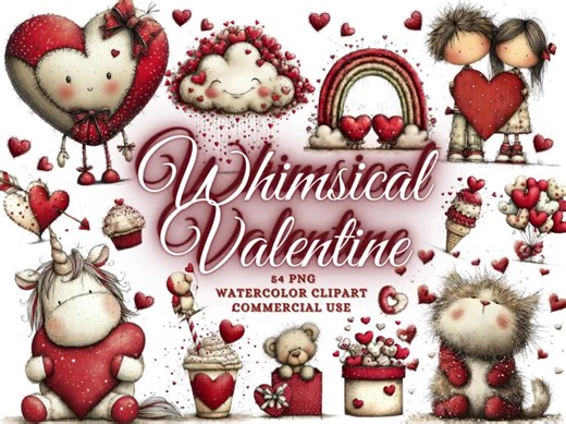 54 Whimsical Valentine Clipart Bundle, Quirky Valentines Png Bundle Watercolor Cute Valentine's Day Sublimation Designs, Romantic Animals - Etsy