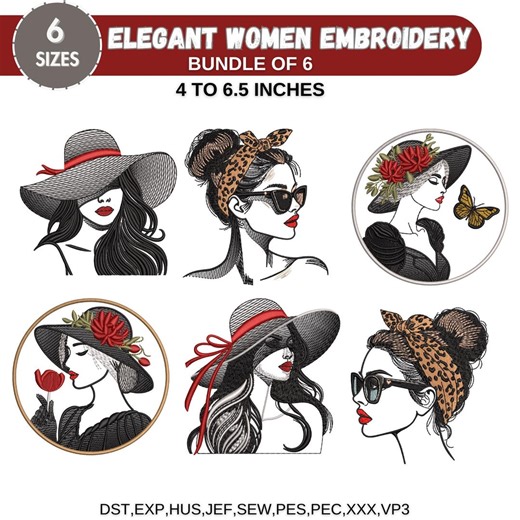 Lady Machine Embroidery Designs, Elegant Woman With Rose Embroidery, Woman Face Outline, Pencil Drawing, Queen, 6 Sizes, Instant Download - Etsy
