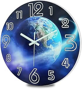 Modern Blue Wall Clock for Bedroom Night Glow Round Glow in The Dark Clock 12 Inch Silent Wall Clock Non Ticking