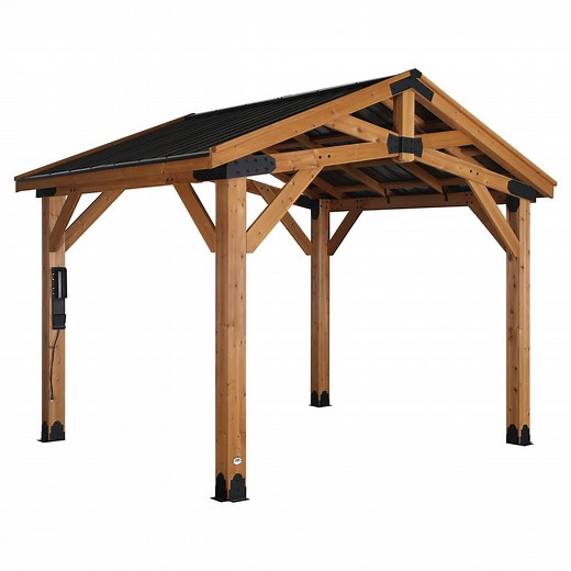 Backyard Discovery Norwood 3.7m x 3.0m Cedar Wood Outdoor Patio Gazebo with Hardtop Galvanised Steel Peak Roof and PowerPort