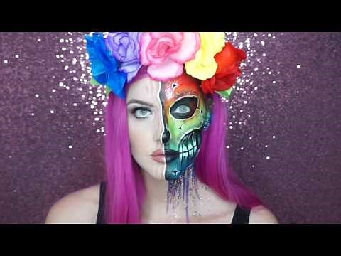 RAINBOW SKULL FACE PAINT TUTORIAL/ PRIDE MAKEUP / HALF SKULL FACE MAKEUP