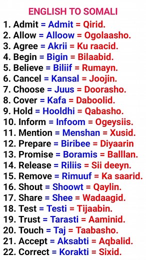 ENGLISH WORDS TO SOMALI SHARE AND LIKE MAHADSANID | Irmaan Educational Center