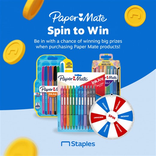 The wheel is BACK! You asked, and we delivered! Our awesome Spin to Win giveaway is officially back at Staples, and we have hundreds of fantastic £25 vouchers up for grabs! Simply purchase from our range of stunning Paper Mate pens to take part! Paper Mate is the colourful, dependable choice for every writing need, ensuring a joyful experience from the first word to the last. Whether for vibrant note-taking in the classroom or dependable clarity in the office, the brand offers smooth, reliable p