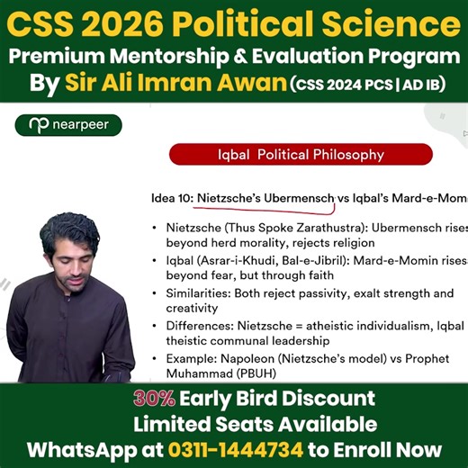 🎯 CSS 2026 Political Science – Premium Mentorship & Evaluation Program Ready to ace Political Science with top-tier guidance? 🚀 Join Sir Ali Imran Awan (CSS 2024 PCS | AD IB) and get: 📘 Structured Mentorship 🧠 Concept Clarity & Evaluation 📑 Smart Notes & Regular Assessments 🔥 30% Early Bird Discount — Limited Seats Only! 📲 WhatsApp 0311-1444734 to Enroll Now! #CSS2026 #PoliticalScience #SirAliImranAwan #CSSPreparation #CSSTips #CSSMentorship #CSSPakistan #ADIB #FPSC #CSSJourney #EarlyBird