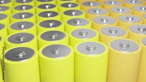 Alkaline batteries colored with energy efficient worldwide rating. Energy saving with batteries and accumulators manufactured with innovative energy efficient technology. Recharge battery production.