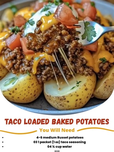 🥔🌮 Taco Loaded Baked Potatoes 🧀🍅 Crispy-skinned baked potatoes loaded with seasoned taco meat, melted cheese, and fresh toppings. INGREDIENTS: 4 large russet potatoes 1 lb ground beef (90% lean) ...... Full Recipe in Coʍmеոτ 💬 | Tasty Soul Food Recipes