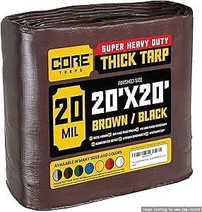 Core Tarps Extreme Heavy Duty 20 Mil Tarp Cover, Waterproof, UV Resistant, Rip and Tear Proof, Poly Tarpaulin with Reinforced Edges for Roof, Camping, Patio, Pool, Boat (Brown/Black 20′ X 20′)