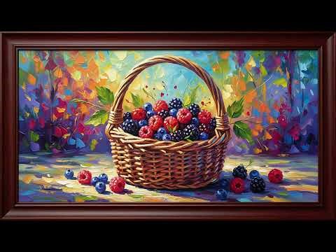Wild Berries Basket Painting | Dark Wood Frame TV Art | Fresh Summer Fruit Screensaver - 2 Scenes