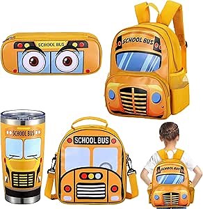 Toddler School Backpack School Bus Backpack Boy School Bus Bookbag 4 in 1 Kindergarten 3D Daycare Bags with Insulation Lunch Box Set for Kids Toddler Preschool Boys Girls