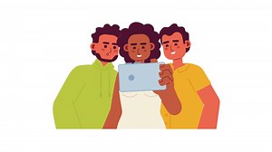 Watching together cartoon animation. Happy friendship habits 4K motion graphic. Smiling multiethnic friends with smartphone animated 2D characters isolated on white background