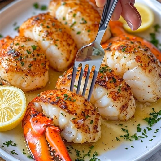 🦞 Lemon Butter Poached Lobster Tails 🍋 Tender, buttery lobster — luxury seafood made easy! 📝 Ingredients: 2 lobster tails (about 6–8 oz each) ½ cup unsalted butter 2 cloves garlic, minced 1 tbsp lemon juice 1 tsp lemon zest ¼ tsp smoked paprika Salt and black pepper, to taste 1 tbsp chopped parsley (for garnish) Lemon wedges, for serving 🍴 How to prepare it: 1️⃣ Prep the lobster tails: Use kitchen shears to cut down the center of the shell and gently lift the meat to rest on top — fine dinin
