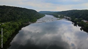 Overhead of Delaware river landscape, view near small town historic New Hope Pennsylvania American town of Lambertville New Jersey USA
