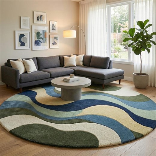 Modern Round Rug Blue White Green , Retro Circle Area Carpet, Mid Century Modern Floor Rug, Boho Living Room Decor, Soft Geometric Rug - Etsy