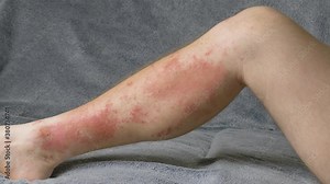 Large serious skin rash on leg. Poison sumac reaction covering lower leg. Itchy red welts and sores caused by chemical urushiol, found in poison oak and poison ivy as well.