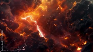 Dramatic abstract background filled with intense, fiery explosions, swirling dark smoke clouds, and jagged bright lightning bolts crackling across the scene.