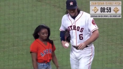 Simone Biles Flips Out for World Series First Pitch, Awesome Video!