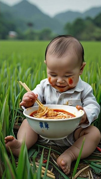 Baby eating noodles in the middle of the field #cute #ai #baby #funny #viral #video