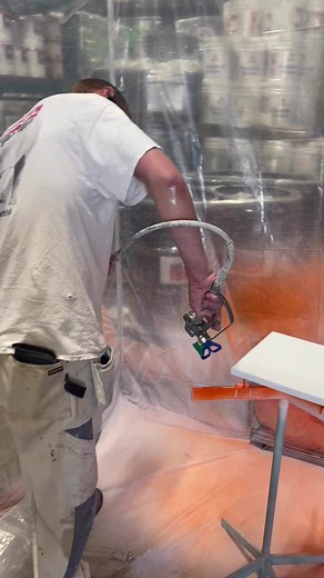 Renner’s 765 Super Hang in an orange color in one coat! Also featuring PaintLine’s Spray Twirly and Portable Site Spray Booth. We are now stocking Renner in OKC, Fort Smith, Springdale, Springfield, Kansas City, Omaha, Chesapeake, and Richmond. Excited to bring it to additional markets soon! #rennerwoodcoatings #spectrumpaintco #options #woodcoatings | Spectrum Paint Company