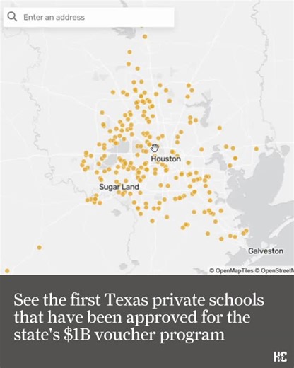 Houston Chronicle on Instagram: "Hundreds of private schools have been approved to participate in Texas' new voucher program, many of them Christian institutions located in the state’s largest cities, according to a new map released by the comptroller's office.⁠ ⁠ As of Thursday, the map showed around 450 private schools serving K-5, middle school or high school students. That represents roughly one-third of the 1,350 accredited Texas private schools eligible to participate. ⁠ ⁠ Another 350 or s