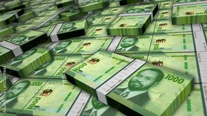 Mozambique money Mozambican Metical banknote bundle loop. 1000 MZN money stacks. Concept of business, economy, banking and finance. Camera over cash packs loopable seamless 3d.