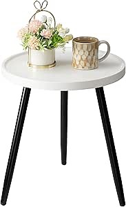 danpinera Round Side Table, Metal Legged Accent Table with Wooden Tray, Small Round End Table for Living Room, Bedroom, Nursery, White & Black