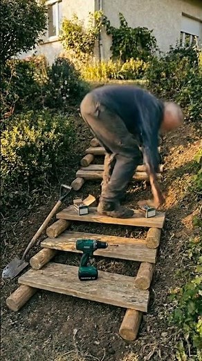 Man builds wooden stairs on steep slope 🪵🔨#DIY #gardening #woodworking #construction