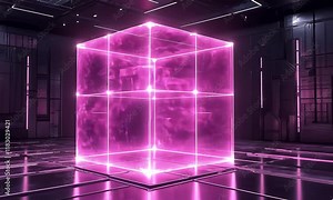 Glowing pink cube in futuristic room.