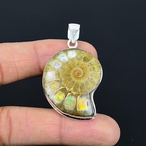 Ethiopian Opal Ammonite Fossil Pendant: Sterling Silver Handmade Jewelry - Etsy