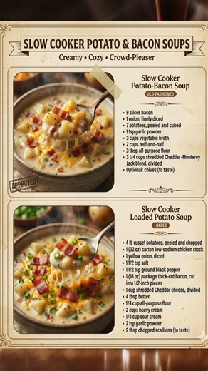 Slow Cooker Potato-Bacon Soup Ingredients * 9 slices bacon * 1 onion, finely diced * 7 potatoes, peeled and cubed * 1 tsp garlic powder * 3 cups vegetable broth * 2 cups half-and-half * 3 tbsp all-purpose flour * 3 1/4 cups shredded Cheddar-Monterey Jack blend, divided * Optional: chives to taste Instructions 1. Cook bacon in a skillet until crisp. Remove, crumble, and set aside. 2. Add diced onion to the skillet and cook until soft. 3. Place potatoes, cooked onion, garlic powder, and vegetable 