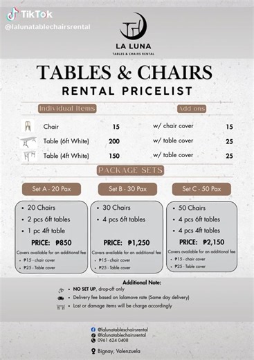 Rental package starts at P850 ONLY! Bakit pa bibili, kung pwede namang mag-rent? Don't worry, we got you!!! Message us now for booking and inquiry. #supportsmallbussines #tableandchairrentals #rental #fypシ゚ | La Luna Tables & Chairs Rental