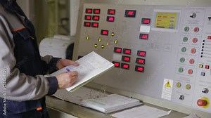 Electrical engineer checking parameters at a control panel of a nuclear plant, writing values into chart. HD.