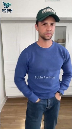 Blue Waffle Knit Crewneck Dress Sweater #mensstyle