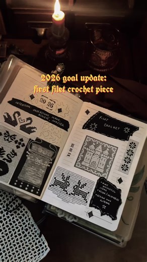 update on my filet crochet journey - I did my fist tapestry. I messed up the pattern, I made mistakes but I did it! I am not a crocheter by nature I only do it here and there so this was an ambitious undertaking on my part but i’m excited to attempt again and get better and make more things #filetcrochet #goth #journal