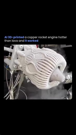 Tech Society on Instagram: "AI 3D-printed a copper rocket engine hotter than lava — and it actually worked. Engineers used advanced additive manufacturing to create a high-performance copper combustion chamber that withstands extreme temperatures well above 1,000°C (hotter than flowing lava). Complex internal cooling channels — impossible to machine traditionally — were printed in a single piece, allowing better heat dissipation and higher thrust without melting. During hot-fire tests, the engin