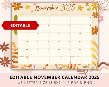 Editable November Calendar 2025, Teacher Calendar, Thanksgiving 2025 Calendar