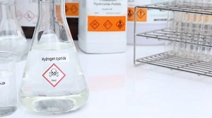 Hydrogen cyanide Solution, Hazardous chemicals and symbols on containers, chemical in industry or laboratory