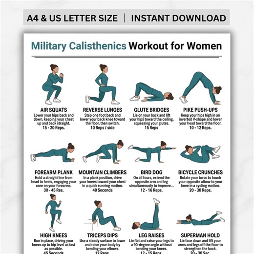 Military Calisthenics Workout Plan for Woman Printable, Full Body Bodyweight Training Chart, Bootcamp Style No Equipment Home Workout PDF - Etsy