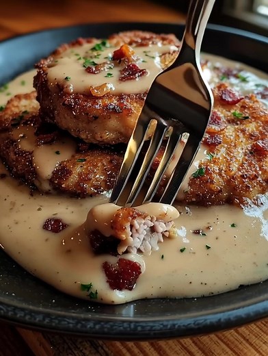102K views · 438 reactions | Country Fried Pork Chops with Bacon Gravy Crispy, golden-brown fried pork chops smothered in a rich and creamy bacon gravy—pure Southern comfort food! Ingredients: 4 bone-in pork chops 1 cup buttermilk 1 cup all-purpose flour 1 tsp salt Recipe in First Coʍmеոτ  Enjoy ❤️ | Daily Recipes | Facebook
