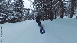 Snowboard Male Rider Sliding Downhill Woods Extreme Winter Sports Action Extreme Snow Adventure 360 Wide Angle Slow Motion 8k Hdr