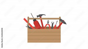 Toolbox animation with alpha channel. Drill, hammer, screwdriver, wrench, pliers, ruler in the wooden container