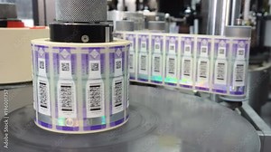 Machine applying excise stamps for wine products at a distillery